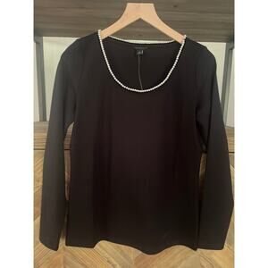 NWT Ann Taylor Black Scoop Neck Top with Faux Pearl Neckline XS